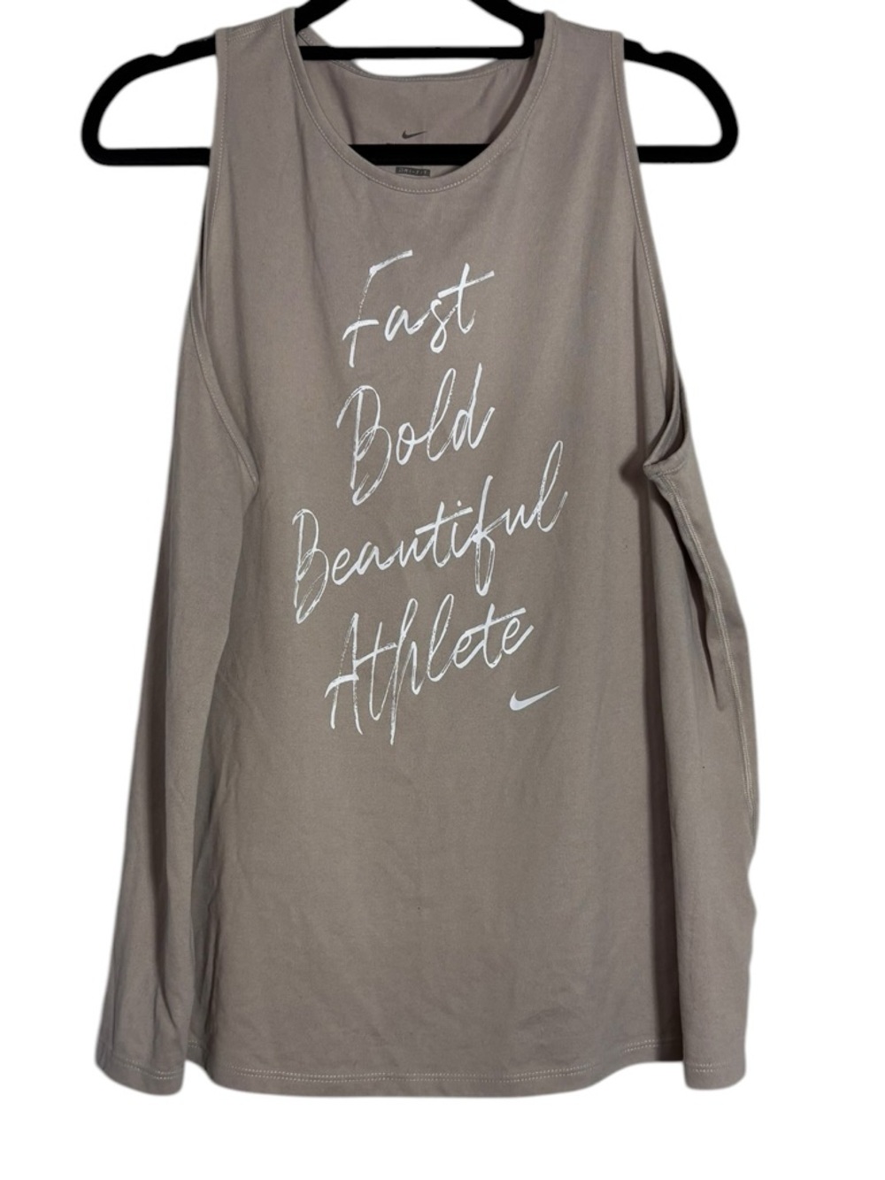 Motivational Nike Women’s Taupe Tank with White Script Slogan